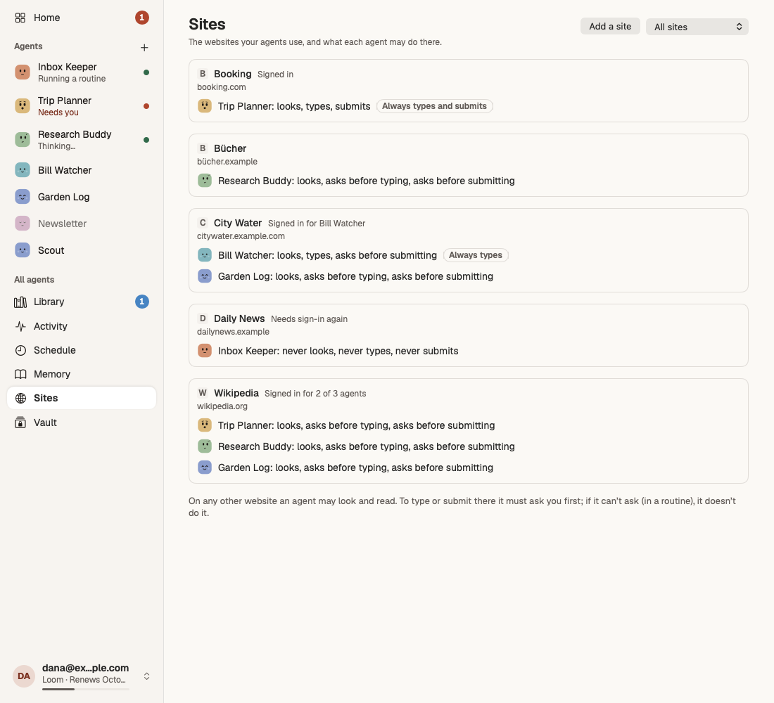 A site with Look and read, Fill in forms and Submit settings
